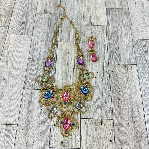 Pastel Gemstone Statement Bib Necklace Earrings Set - Picture 7 of 8